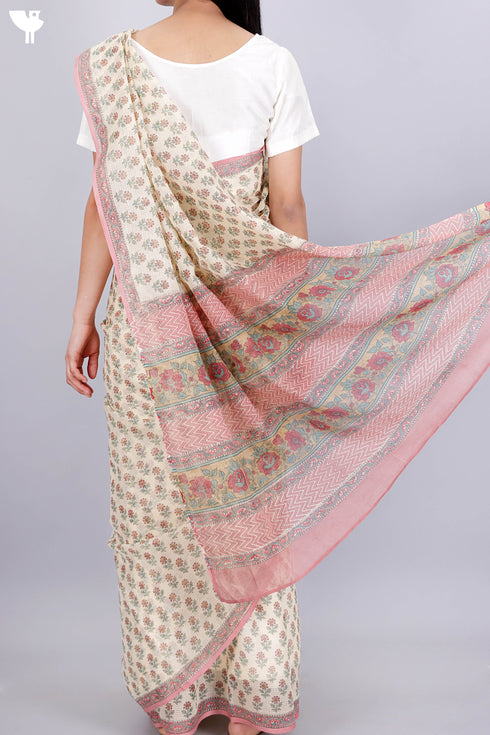 Kota Doria Saree In Floral Block Print
